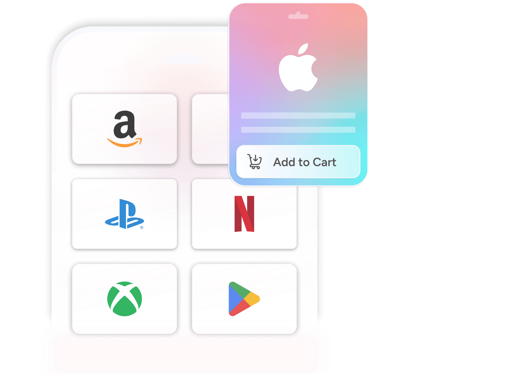 Smartphone displaying popular app logos like Amazon, PlayStation, Netflix, Xbox, and Google Play, with an Apple gift card and 'Add to Cart' button